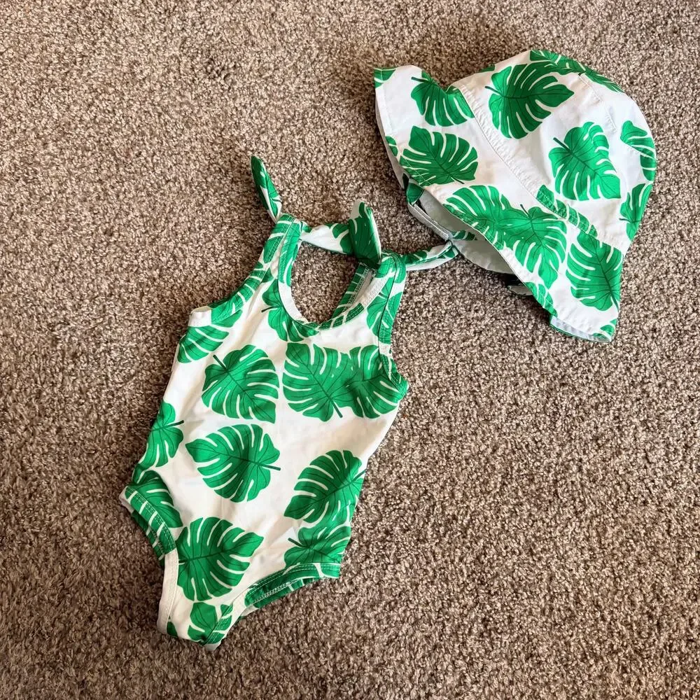 Monica + Andy Baby Girl Palm Tree Swimsuit and Sun Hat Set 9-12 Months